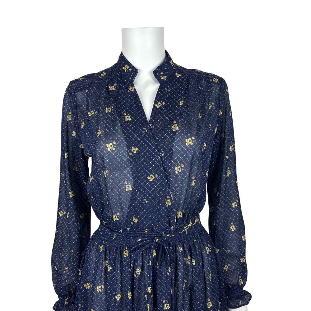 Vintage 80s Sheer Dress Womens M Navy Blue Peacock Floral Border Print - Picture 3 of 11